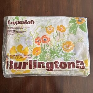 Vintage 70s Burlington TWIN Fitted Sheet New Floral Orange Poppies‎ Pansies